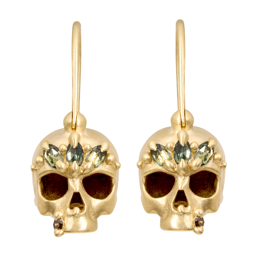 Green Enchanted Skull Safety Pin Earrings | Polly Wales
