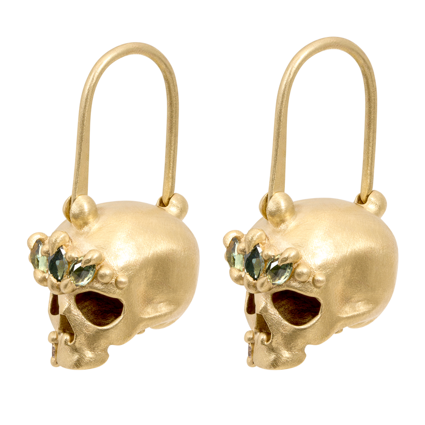 Green Enchanted Skull Safety Pin Earrings | Polly Wales Green Enchanted Skull Safety Pin Earrings | Polly Wales