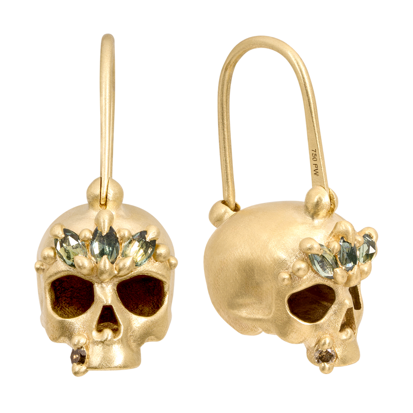 Green Enchanted Skull Safety Pin Earrings | Polly Wales
