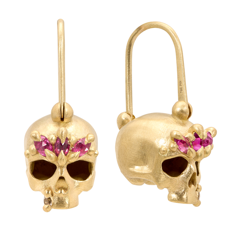 Green Enchanted Skull Safety Pin Earrings | Polly Wales
