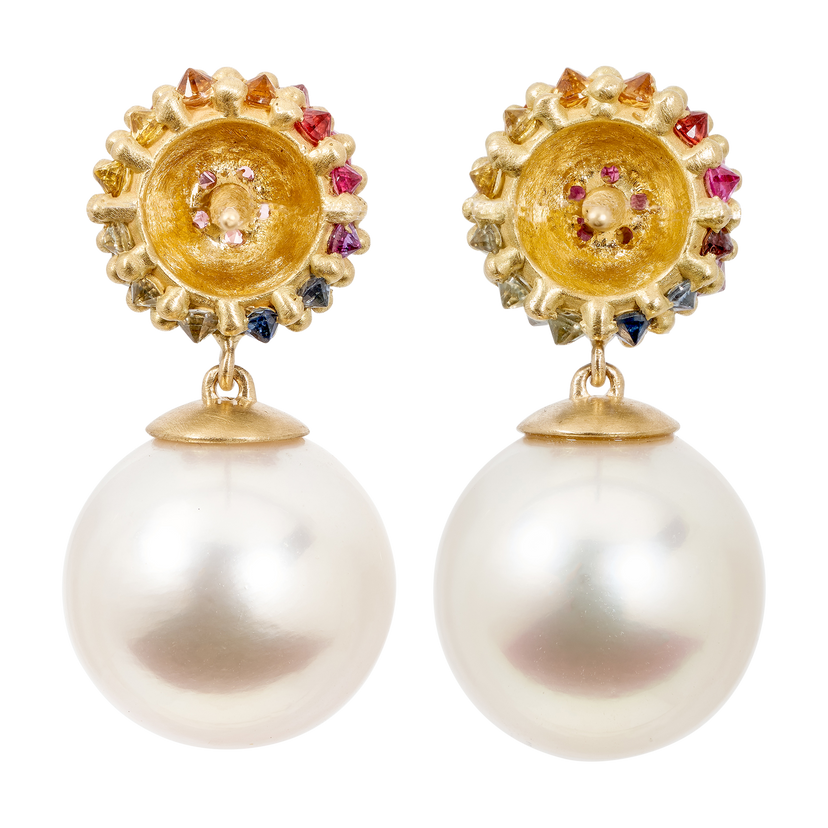 Rainbow Sputnik Pearl Drop Earrings - Made to Order